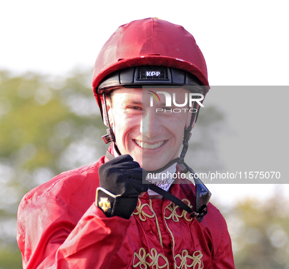 Jockey Oisin Murphy smiles after riding New Century (10) to a win in the bet365 Summer Stakes (Grade I) at Woodbine Racetrack in Toronto, Ca...