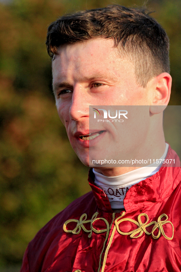 Jockey Oisin Murphy speaks to the media following a win in the bet365 Summer Stakes (Grade I) at Woodbine Racetrack in Toronto, Canada, on S...