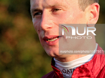 Jockey Oisin Murphy speaks to the media following a win in the bet365 Summer Stakes (Grade I) at Woodbine Racetrack in Toronto, Canada, on S...