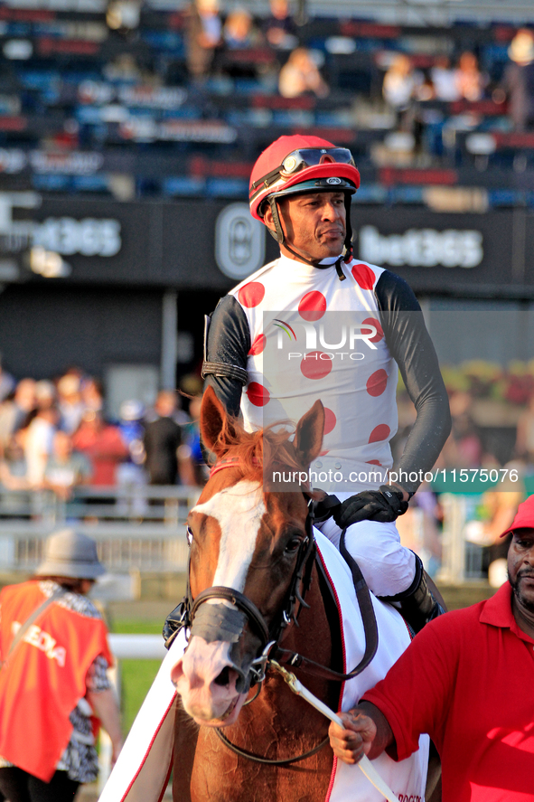 Jockey Patrick Husbands rides Win for the Money to the winner's circle following a win in the $1,000,000 Rogers Woodbine Mile Stakes (Grade...