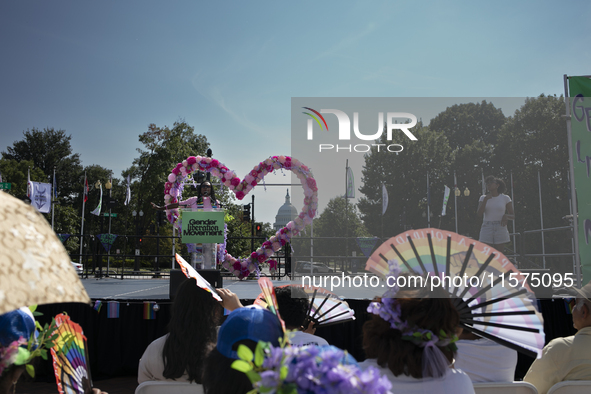 A person gives a speech during the first gender liberation march at Union Station in Washington D.C., USA, on September 14, 2024. Hundreds o...