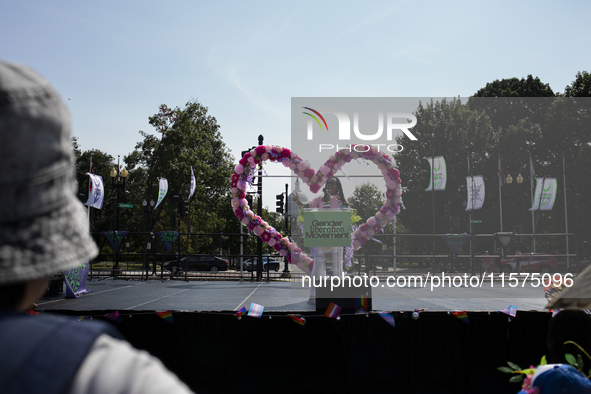 A person gives a speech during the first gender liberation march at Union Station in Washington D.C., USA, on September 14, 2024. Hundreds o...