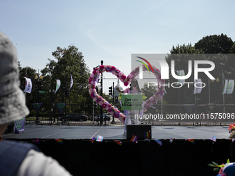 A person gives a speech during the first gender liberation march at Union Station in Washington D.C., USA, on September 14, 2024. Hundreds o...