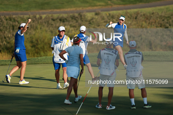 GAINESVILLE, VIRGINIA - SEPTEMBER 14: Emily Kristine Pedersen of Team Europe reats to her putt on the 15th green during Fourball Matches on...