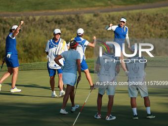 GAINESVILLE, VIRGINIA - SEPTEMBER 14: Emily Kristine Pedersen of Team Europe reats to her putt on the 15th green during Fourball Matches on...