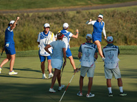 GAINESVILLE, VIRGINIA - SEPTEMBER 14: Emily Kristine Pedersen of Team Europe reats to her putt on the 15th green during Fourball Matches on...