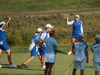 GAINESVILLE, VIRGINIA - SEPTEMBER 14: Emily Kristine Pedersen of Team Europe reats to her putt on the 15th green during Fourball Matches on...