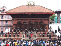 A Nepali musical band dons Newari attire and plays traditional musical instruments ahead of the formal start of Indra Jatra dedicated to the...