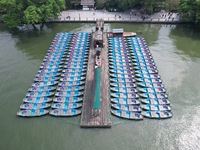 Boats are moored at the dock to prepare for Typhoon Bebinca in Hangzhou, China, on September 15, 2024. (