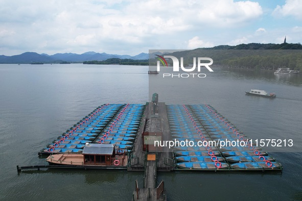 Boats are moored at the dock to prepare for Typhoon Bebinca in Hangzhou, China, on September 15, 2024. 