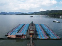 Boats are moored at the dock to prepare for Typhoon Bebinca in Hangzhou, China, on September 15, 2024. (