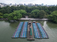 Boats are moored at the dock to prepare for Typhoon Bebinca in Hangzhou, China, on September 15, 2024. (