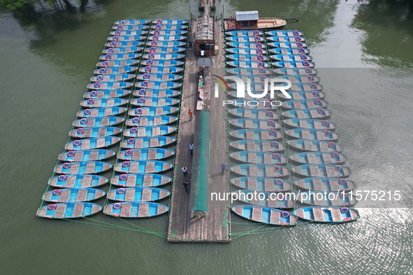 Boats are moored at the dock to prepare for Typhoon Bebinca in Hangzhou, China, on September 15, 2024. 