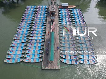 Boats are moored at the dock to prepare for Typhoon Bebinca in Hangzhou, China, on September 15, 2024. (