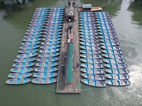 Boats are moored at the dock to prepare for Typhoon Bebinca in Hangzhou, China, on September 15, 2024. (