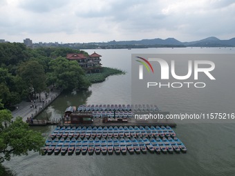 Boats are moored at the dock to prepare for Typhoon Bebinca in Hangzhou, China, on September 15, 2024. (