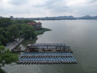 Boats are moored at the dock to prepare for Typhoon Bebinca in Hangzhou, China, on September 15, 2024. (