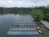 Boats are moored at the dock to prepare for Typhoon Bebinca in Hangzhou, China, on September 15, 2024. (