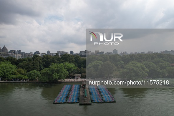 Boats are moored at the dock to prepare for Typhoon Bebinca in Hangzhou, China, on September 15, 2024. 