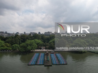 Boats are moored at the dock to prepare for Typhoon Bebinca in Hangzhou, China, on September 15, 2024. (