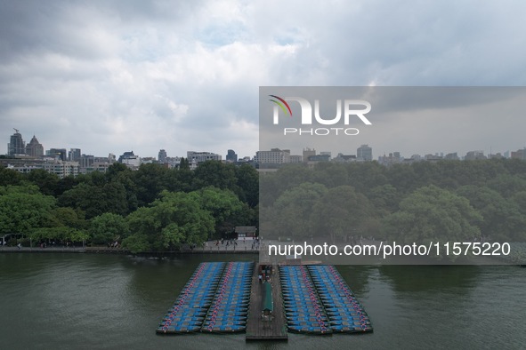 Boats are moored at the dock to prepare for Typhoon Bebinca in Hangzhou, China, on September 15, 2024. 