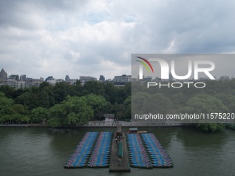 Boats are moored at the dock to prepare for Typhoon Bebinca in Hangzhou, China, on September 15, 2024. (