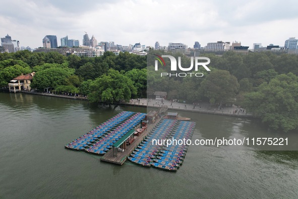 Boats are moored at the dock to prepare for Typhoon Bebinca in Hangzhou, China, on September 15, 2024. 