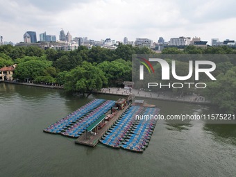 Boats are moored at the dock to prepare for Typhoon Bebinca in Hangzhou, China, on September 15, 2024. (