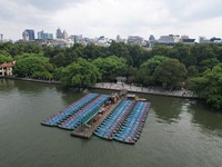 Boats are moored at the dock to prepare for Typhoon Bebinca in Hangzhou, China, on September 15, 2024. (