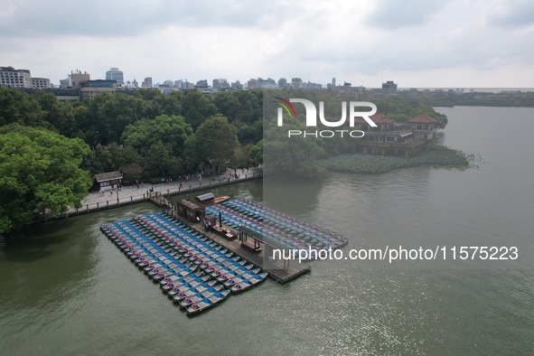 Boats are moored at the dock to prepare for Typhoon Bebinca in Hangzhou, China, on September 15, 2024. 