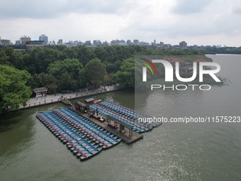 Boats are moored at the dock to prepare for Typhoon Bebinca in Hangzhou, China, on September 15, 2024. (