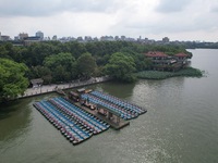 Boats are moored at the dock to prepare for Typhoon Bebinca in Hangzhou, China, on September 15, 2024. (