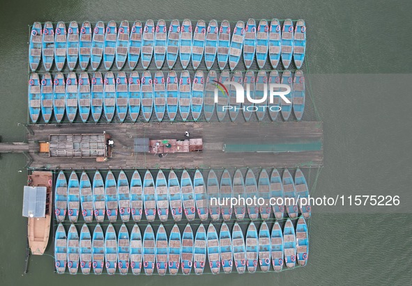 Boats are moored at the dock to prepare for Typhoon Bebinca in Hangzhou, China, on September 15, 2024. 