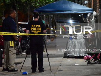 Investigators from the NYPD Crime Scene Unit investigate and place evidence markers and take photographs of the scene. One man is dead and a...