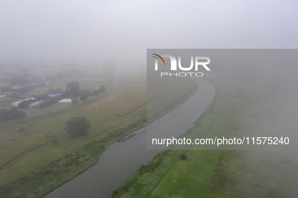 An aerial view of Vistula river near Niepolomice in Lesser Poland region as dead fish were found in the water caused most likely by water po...