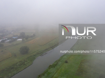 An aerial view of Vistula river near Niepolomice in Lesser Poland region as dead fish were found in the water caused most likely by water po...