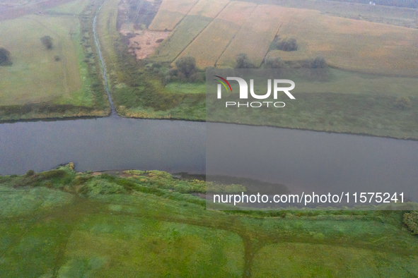 An aerial view of Vistula river near Niepolomice in Lesser Poland region as dead fish were found in the water caused most likely by water po...