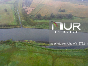 An aerial view of Vistula river near Niepolomice in Lesser Poland region as dead fish were found in the water caused most likely by water po...