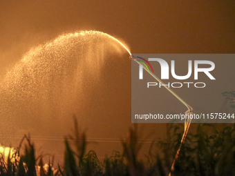 Fire crews work to put out a fire at a wood processing plant in Duzhuang village, Wan'an Town, Xinjiang County, Yuncheng City, North China's...