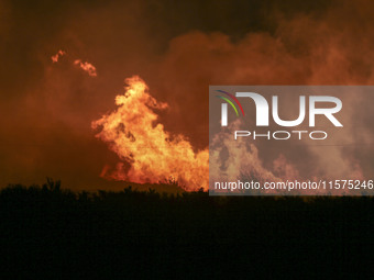 Fire crews work to put out a fire at a wood processing plant in Duzhuang village, Wan'an Town, Xinjiang County, Yuncheng City, North China's...