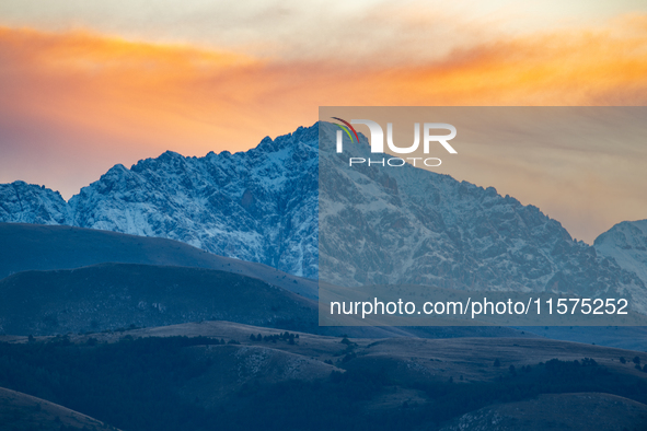 Snowy Monte Prena peak (Gran Sasso d’Italia and Monti della Laga National Park) is seen after a snowfall from Ocre (L’Aquila), Italy, on Sep...