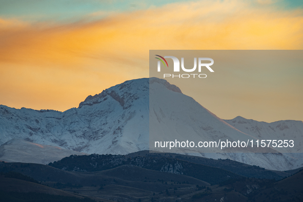 Snowy Monte Camicia peak (Gran Sasso d’Italia and Monti della Laga National Park) is seen after a snowfall from Ocre (L’Aquila), Italy, on S...