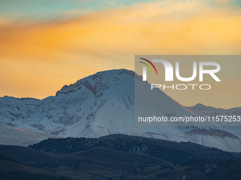 Snowy Monte Camicia peak (Gran Sasso d’Italia and Monti della Laga National Park) is seen after a snowfall from Ocre (L’Aquila), Italy, on S...