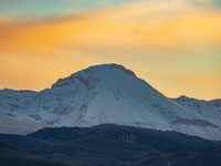 Snowy Monte Camicia peak (Gran Sasso d’Italia and Monti della Laga National Park) is seen after a snowfall from Ocre (L’Aquila), Italy, on S...