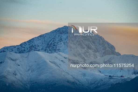 Snowy Corno Grande peak (Gran Sasso d’Italia and Monti della Laga National Park) is seen after a snowfall from Ocre (L’Aquila), Italy, on Se...