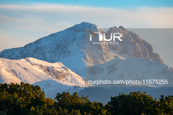 Snowy Corno Grande peak (Gran Sasso d’Italia and Monti della Laga National Park) is seen after a snowfall from Ocre (L’Aquila), Italy, on Se...