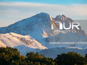 Snowy Corno Grande peak (Gran Sasso d’Italia and Monti della Laga National Park) is seen after a snowfall from Ocre (L’Aquila), Italy, on Se...