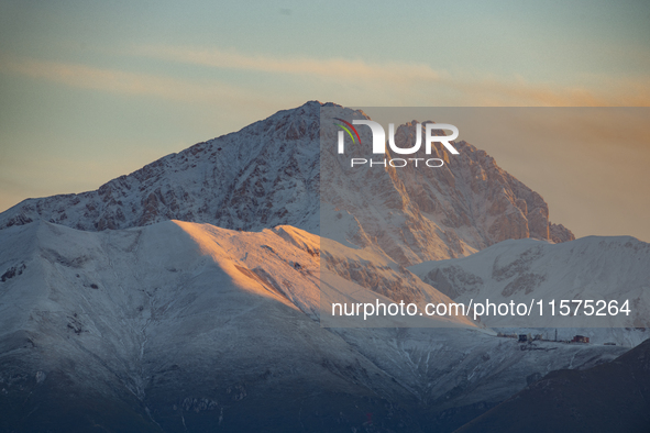 Snowy Corno Grande peak (Gran Sasso d’Italia and Monti della Laga National Park) is seen after a snowfall from Ocre (L’Aquila), Italy, on Se...