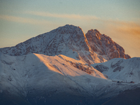 Snowy Corno Grande peak (Gran Sasso d’Italia and Monti della Laga National Park) is seen after a snowfall from Ocre (L’Aquila), Italy, on Se...