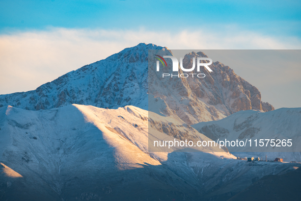 Snowy Corno Grande peak (Gran Sasso d’Italia and Monti della Laga National Park) is seen after a snowfall from Ocre (L’Aquila), Italy, on Se...